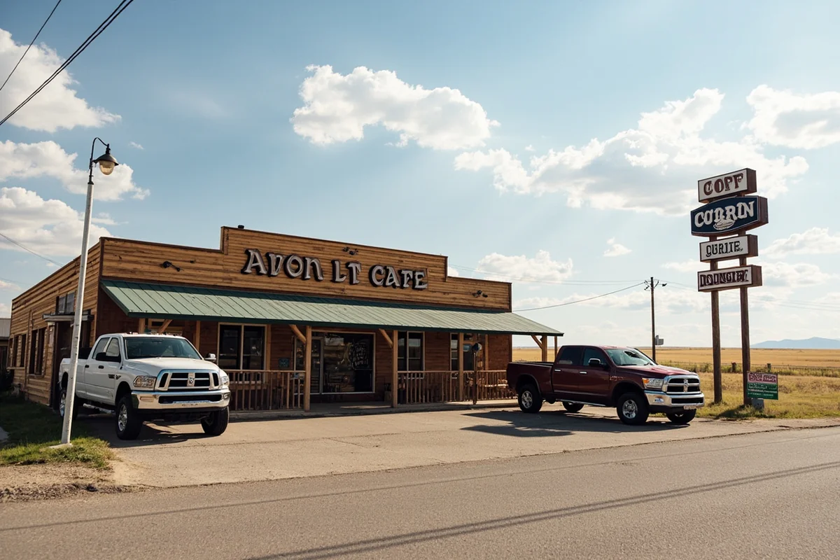 Small-town exterior of Avon Cafe with pickup trucks parked outside and Montana prairie in the background