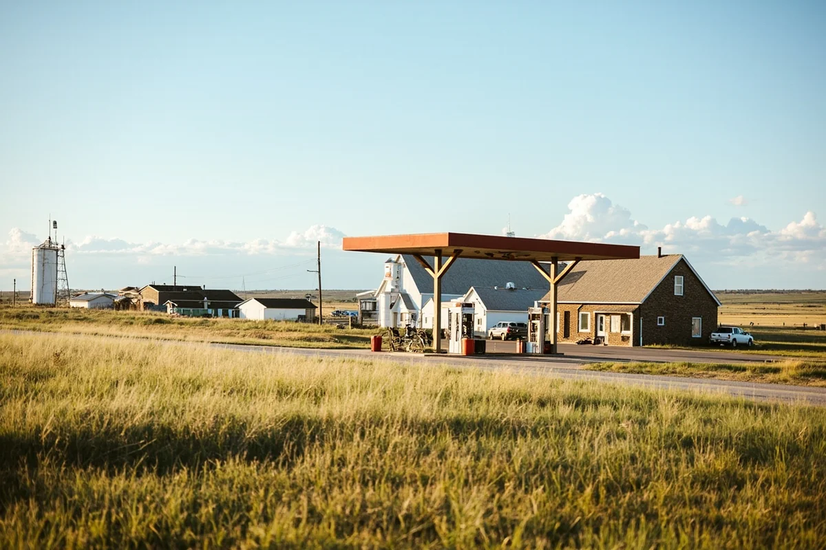 Small town gas station in rural eastern Montana with grain elevators in the background