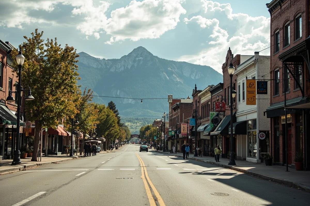 Small town main street in Montana with historic buildings and few pedestrians