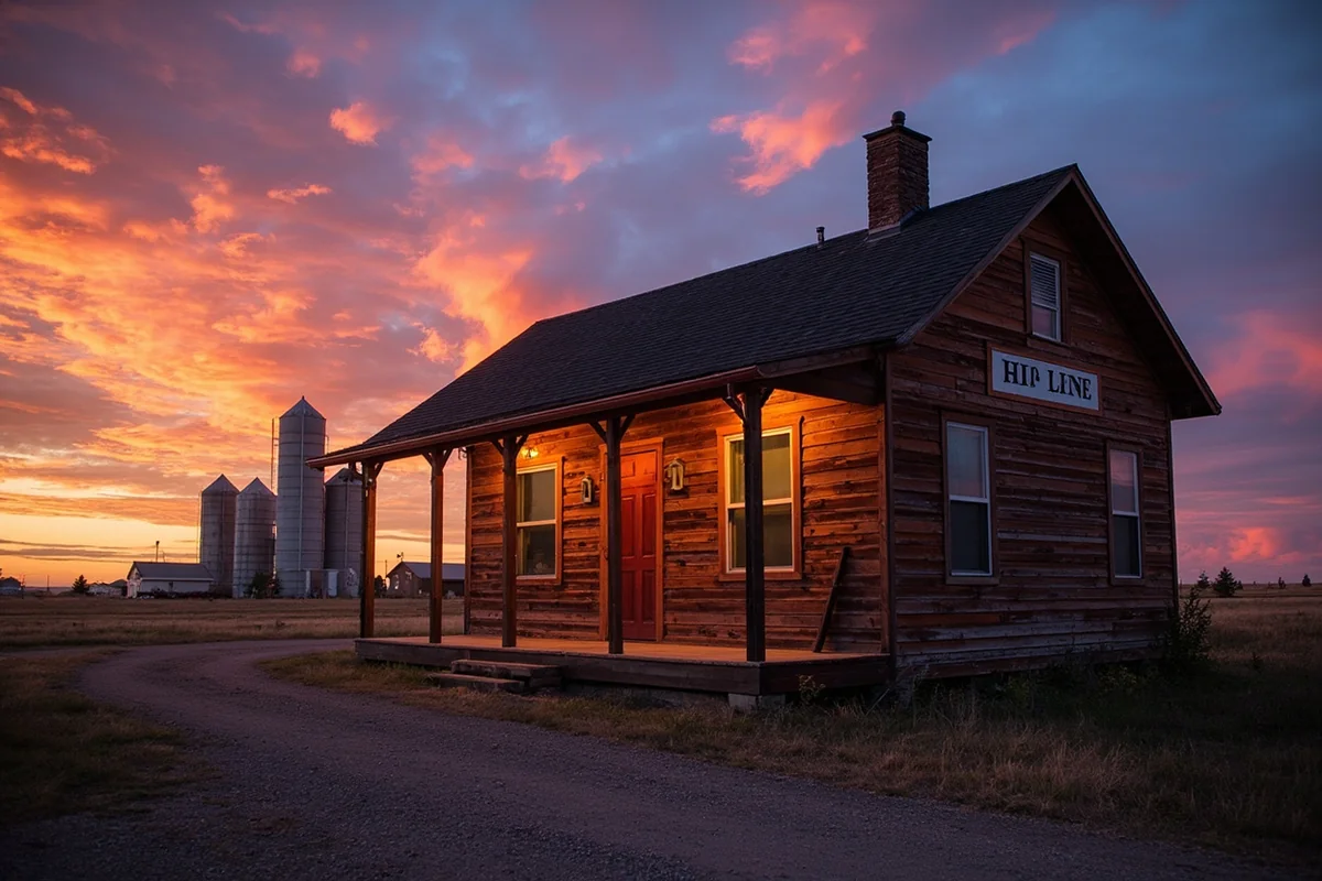 Small-town Montana Hi-Line depot at sunset with grain elevators in background