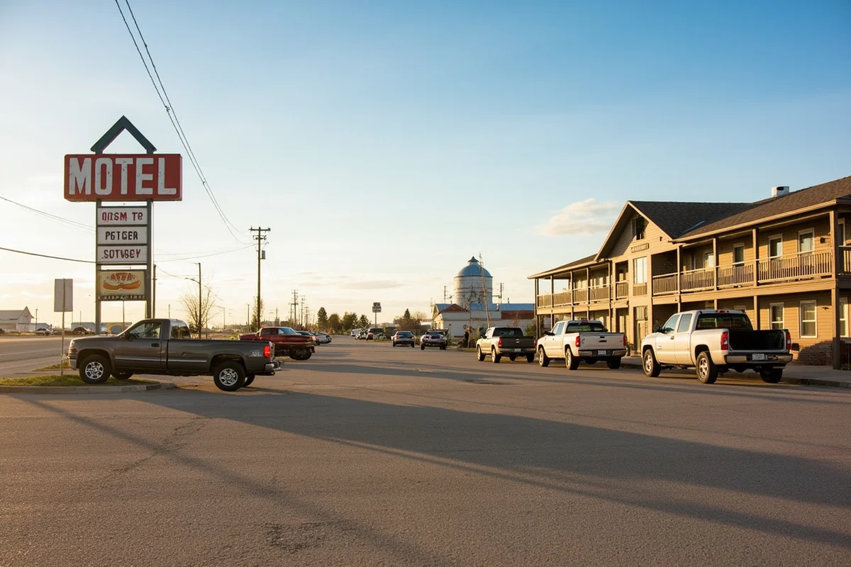 Small-town Montana motel with pickup trucks in parking lot and grain elevator visible down the street