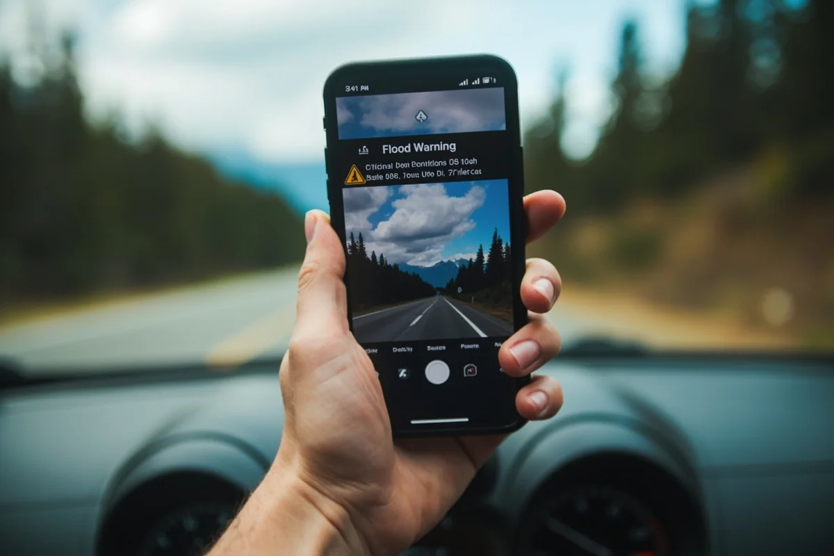 Smartphone showing Montana 511 road conditions app with flood warning displayed