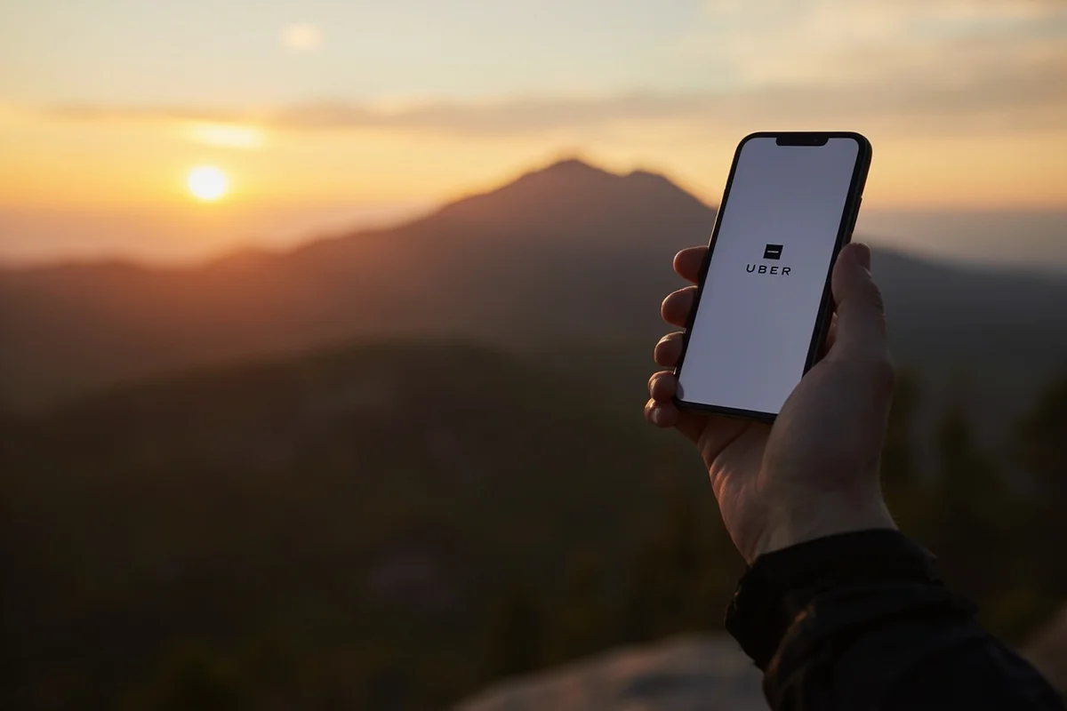 Smartphone showing Uber app with Montana mountain backdrop at sunset