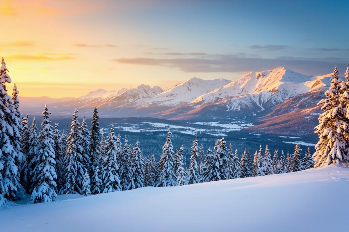 Snow-covered Big Sky Resort with Spanish Peaks in background, early morning golden light
