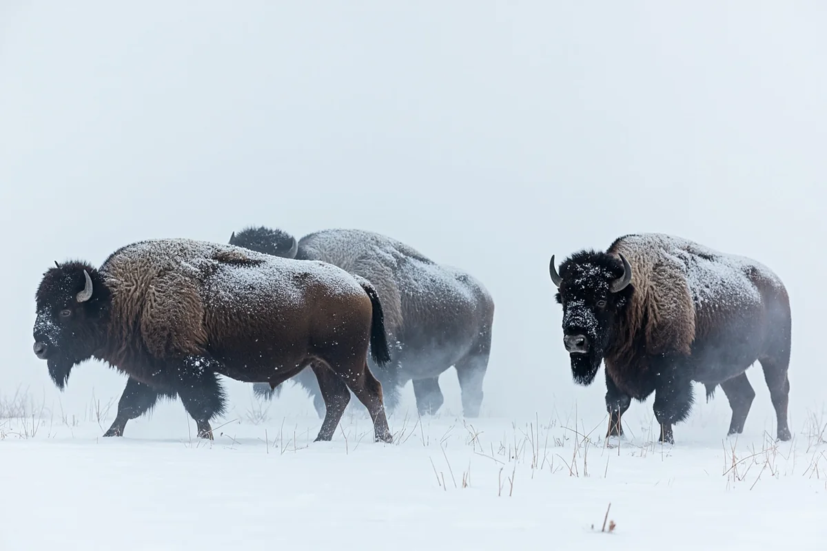 Snow-covered bison in Lamar Valley during winter with steam rising from their backs