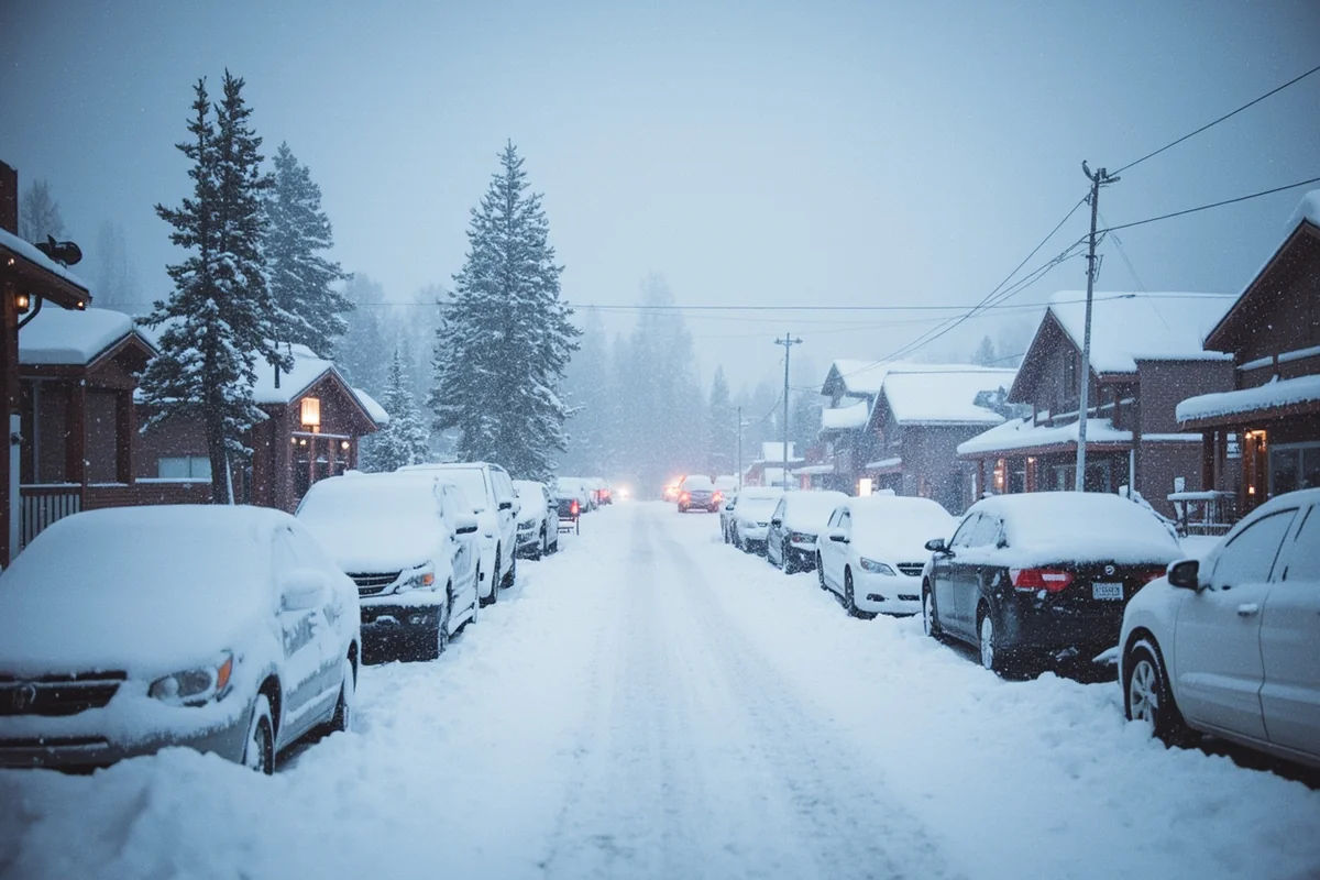 Snow-covered cars and buildings in Montana during a major blizzard