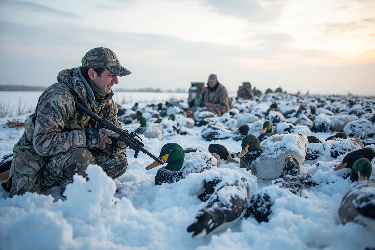 Snow-covered decoy spread with hunters in layout blinds