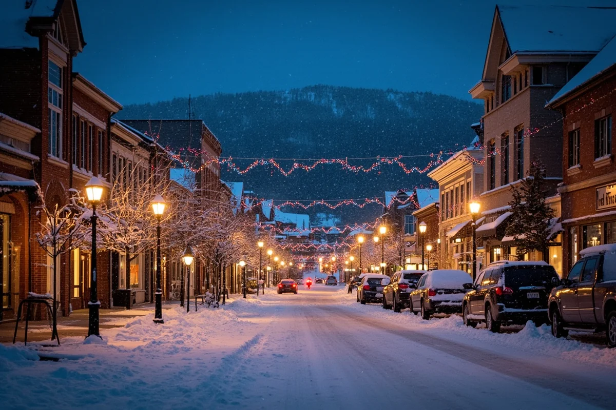 Snow-covered downtown Whitefish during Christmas week with holiday lights and decorations
