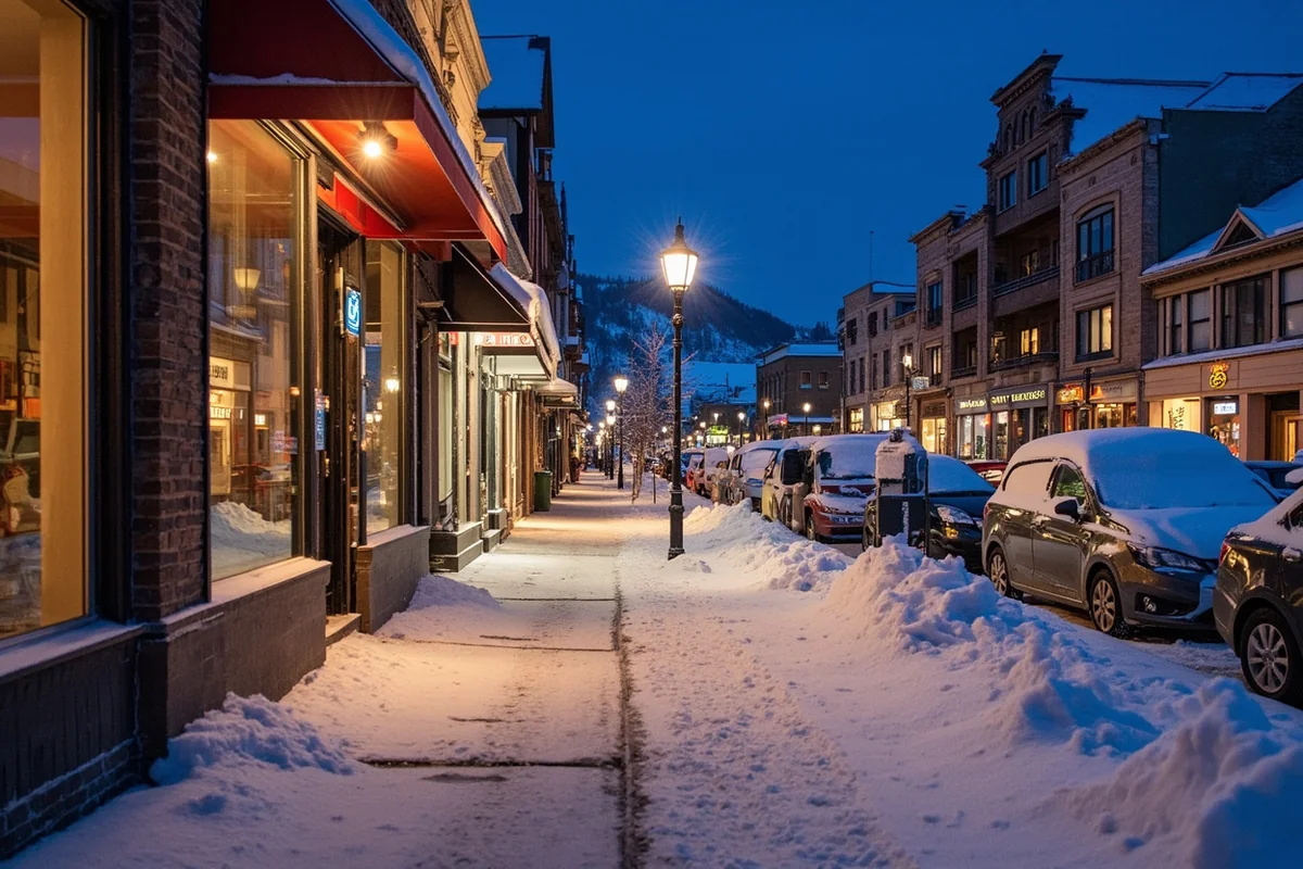 Snow-covered downtown Whitefish, Montana with lit storefronts and deep snow banks along the sidewalks