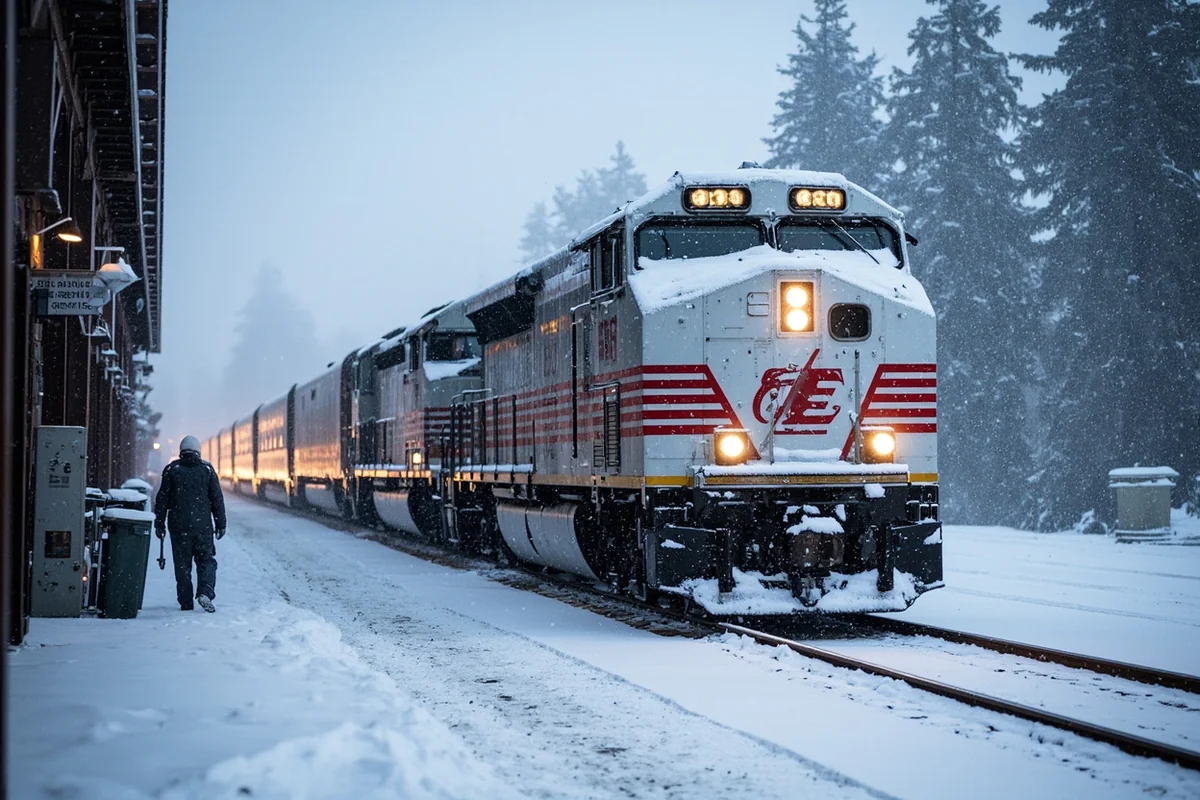 Snow-covered Empire Builder train at Whitefish station during winter
