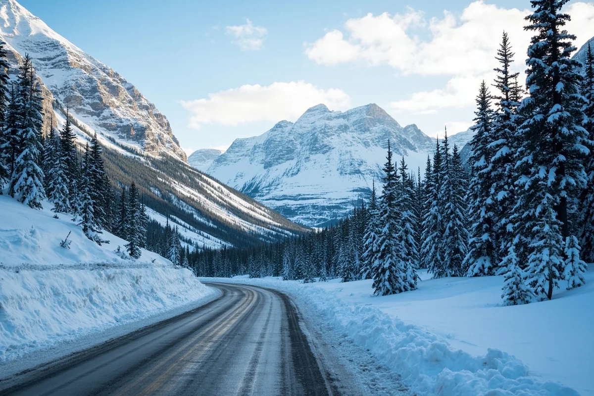 Snow-covered Going-to-the-Sun Road in Glacier National Park with mountain peaks