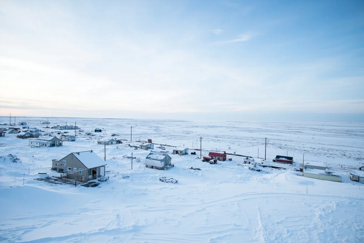 Snow-covered Hi-Line town in northern Montana, showing the flat terrain and extreme winter conditions