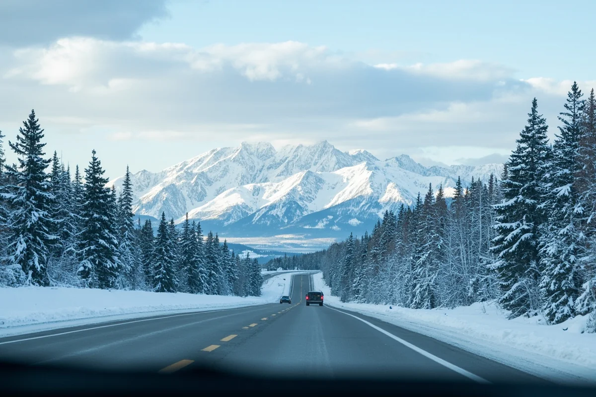 Snow-covered Highway 93 approaching Whitefish with mountain backdrop