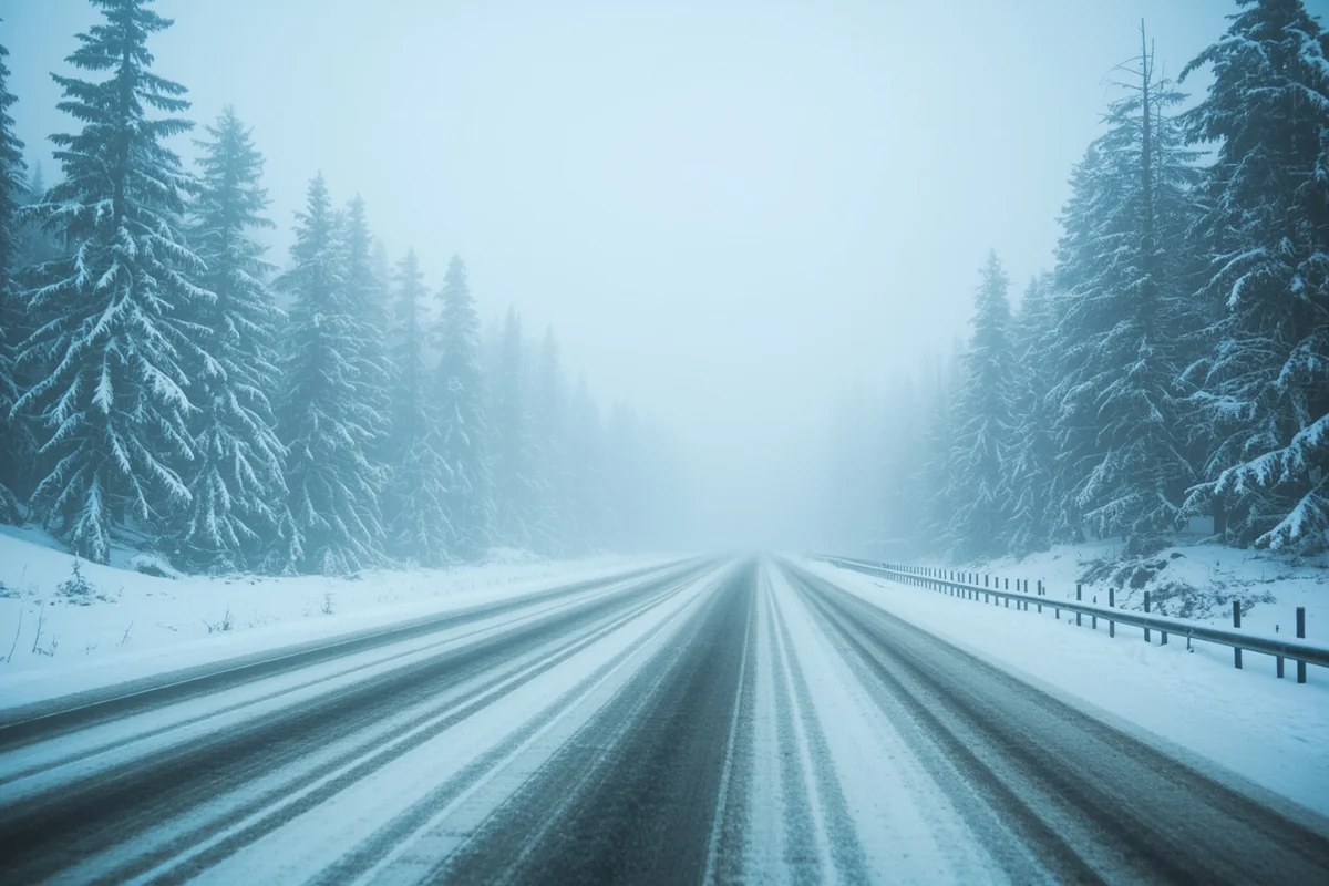 Snow-covered highway with limited visibility during Montana ground blizzard conditions