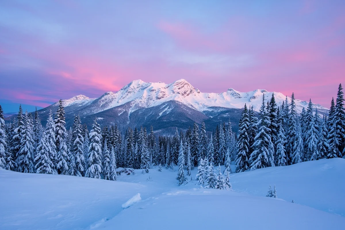 Snow-covered landscape near Whitefish Mountain Resort at sunrise with pink alpenglow on the peaks
