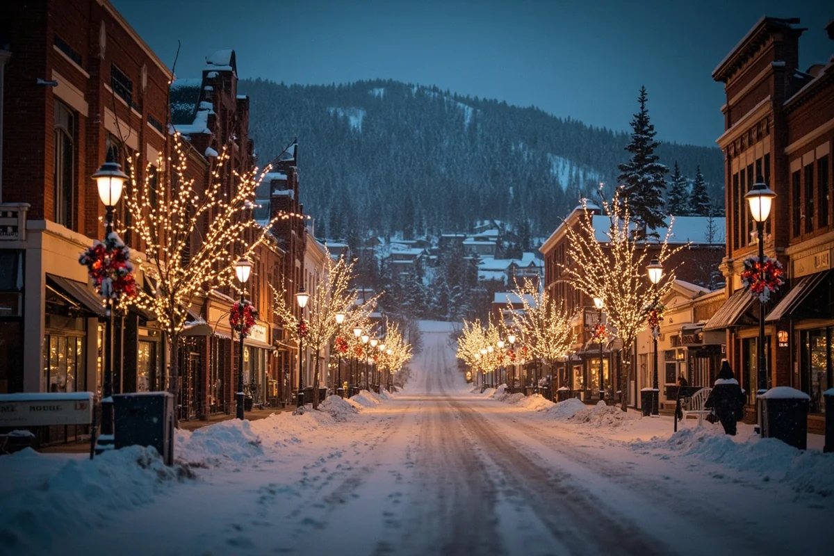 Snow-covered Main Street in Whitefish, Montana decorated with Christmas lights and wreaths