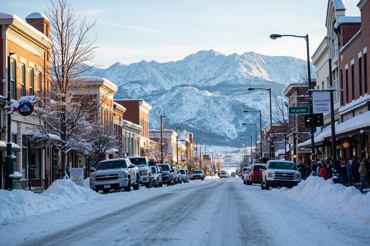 Snow-covered main street of Cooke City, Montana with mountains in background