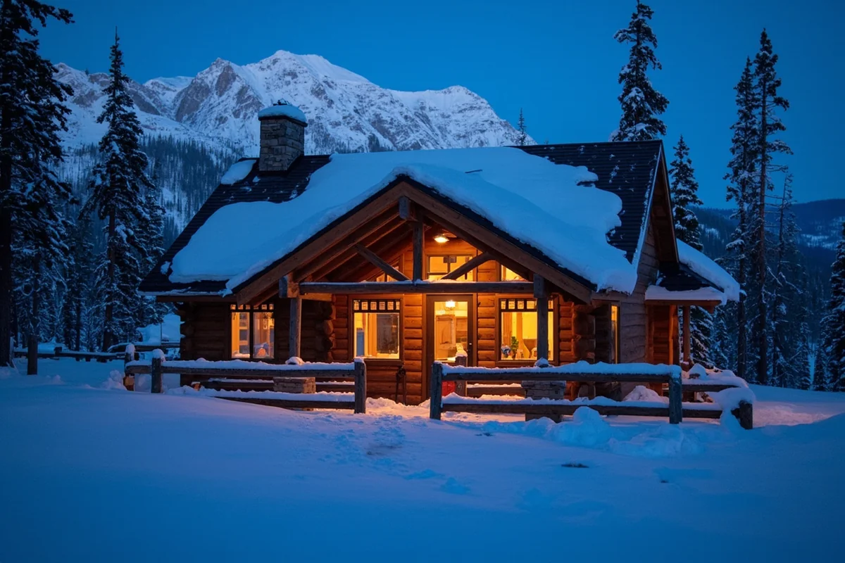 Snow-covered Montana cabin at dusk with warm light glowing from windows and mountains in the background