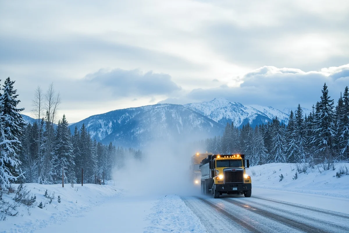 Snow-covered Montana highway with snowplows working, mountains obscured by low clouds, winter conditions