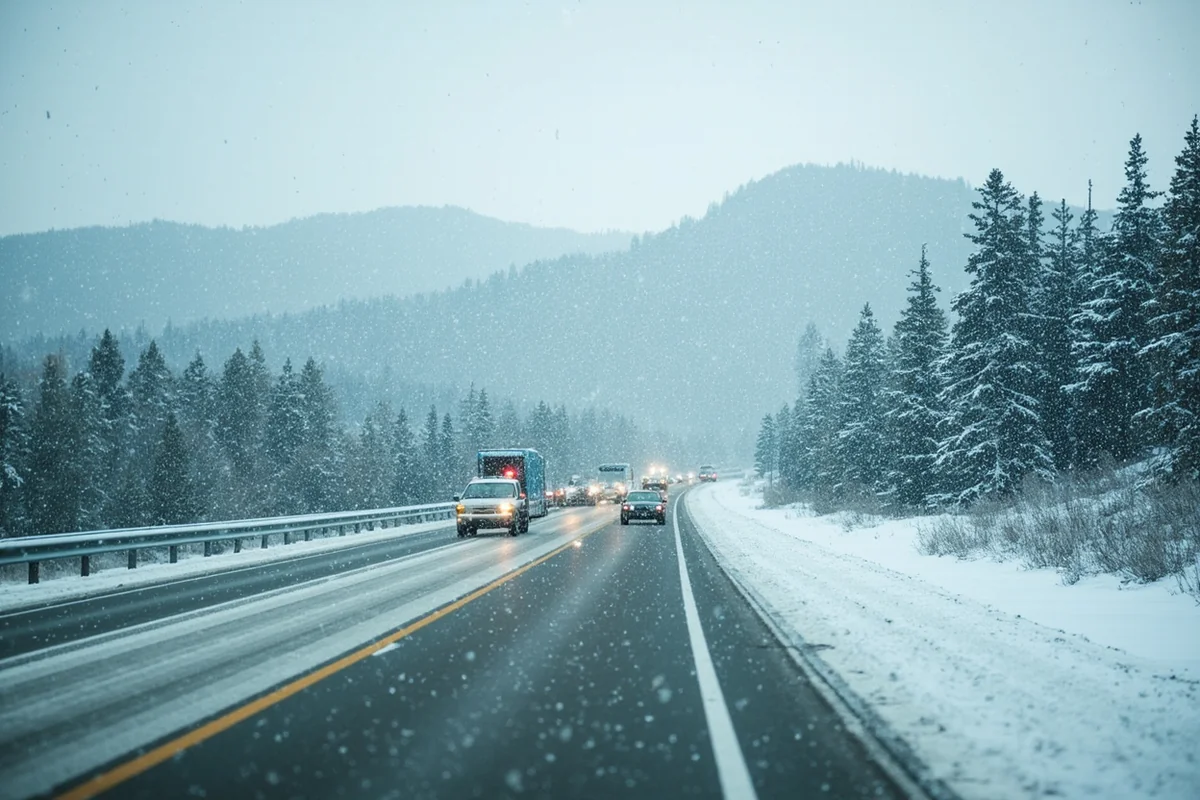 Snow-covered Montana highway with vehicles traveling slowly, mountain range visible through falling snow