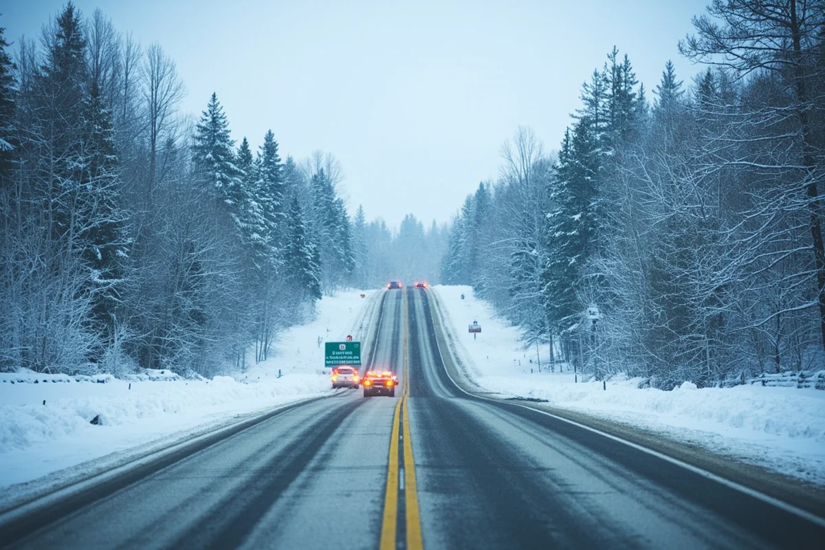 Snow-covered Montana highway with winter driving conditions