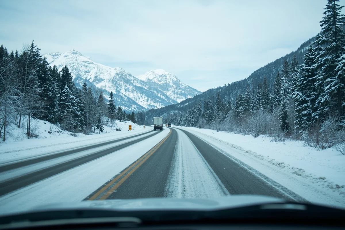 Snow-covered Montana highway with winter driving conditions