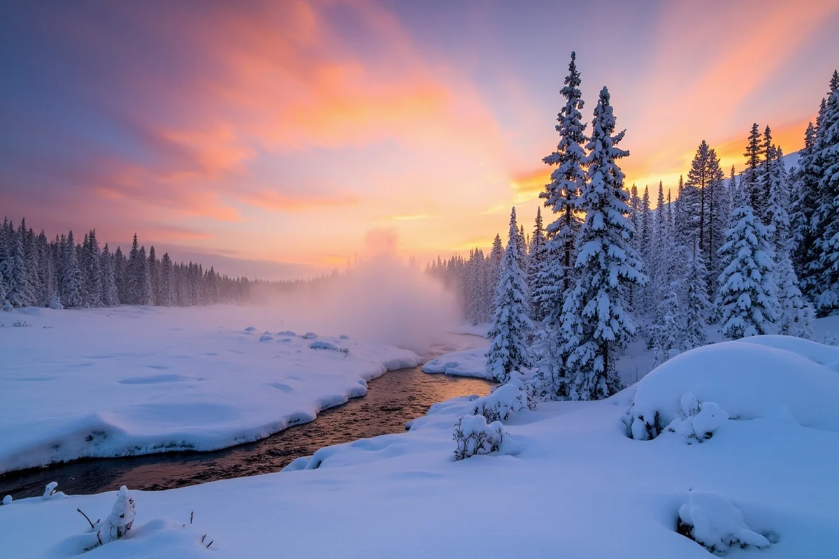Snow-covered Montana landscape at sunrise with frost-coated trees and steam rising from a river