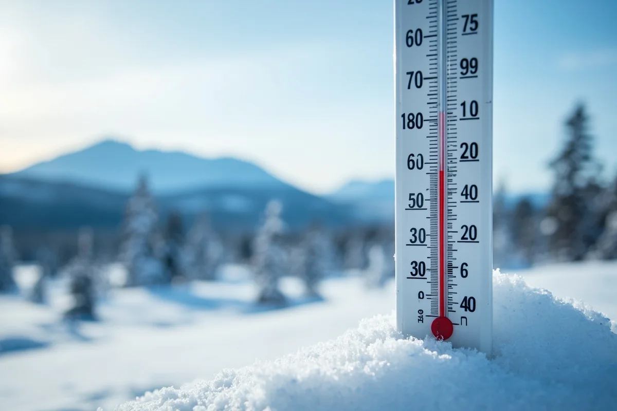 Snow-covered Montana landscape in winter with thermometer showing subzero temperatures