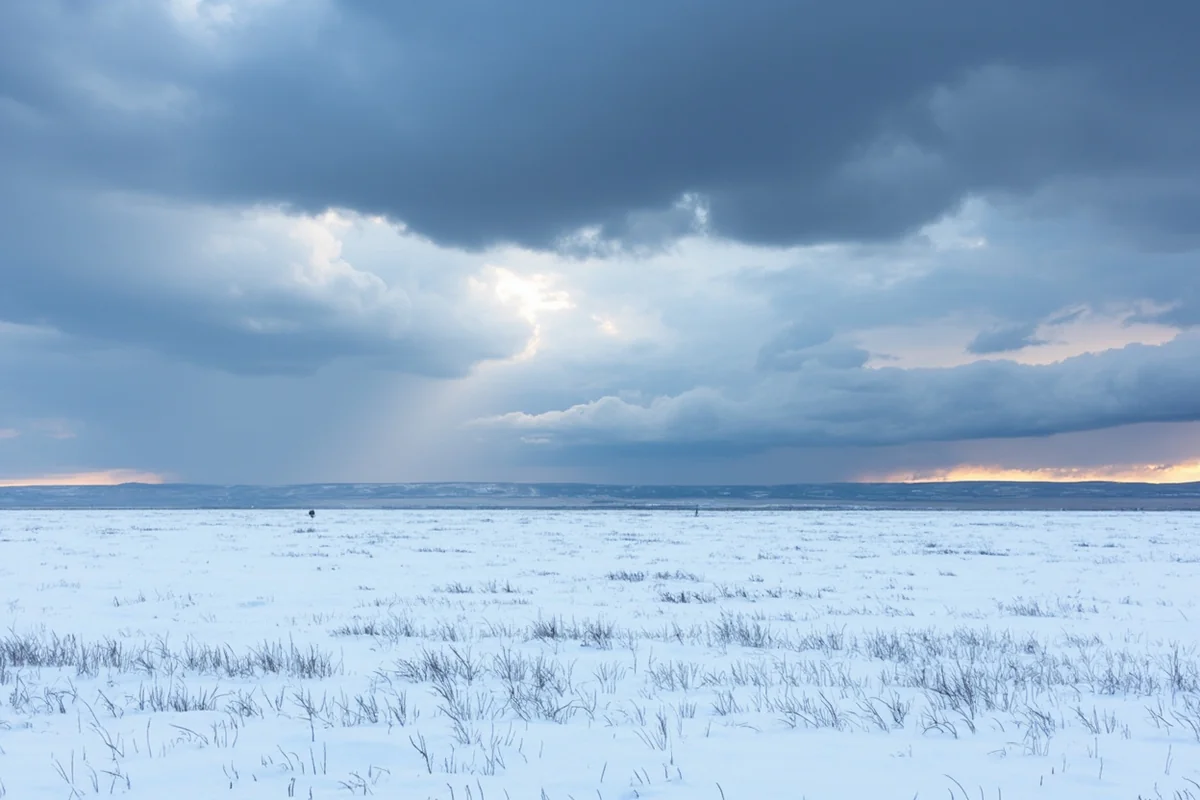 Snow-covered Montana prairie near Miles City with dramatic winter storm clouds