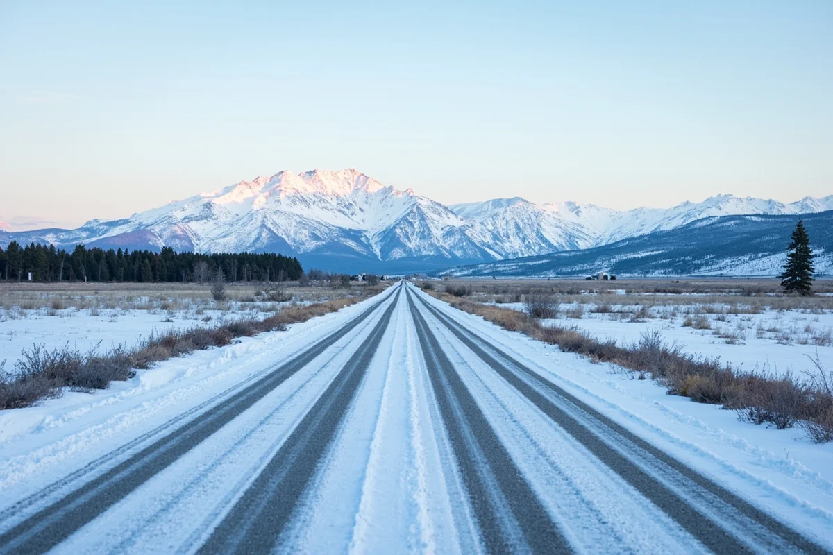 Snow-covered Montana rural road with mountains in background and clear winter sky