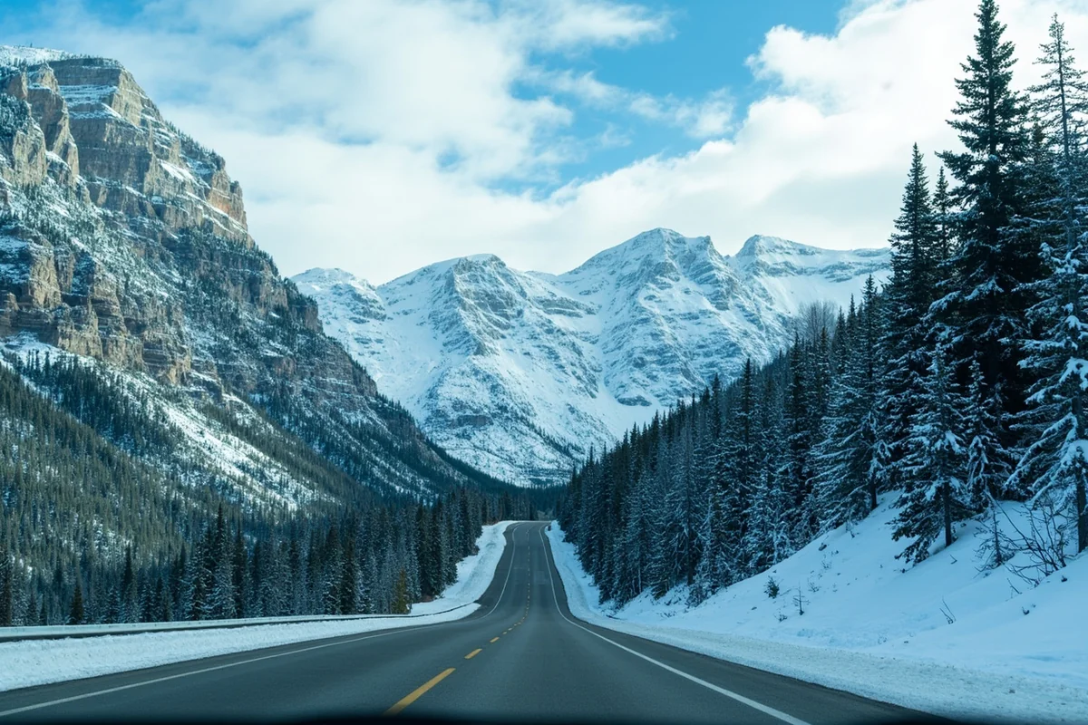 Snow-covered mountain highway in Montana with scenic winter landscape