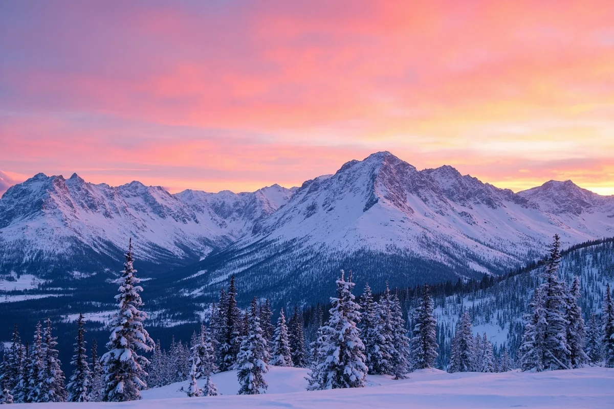 Snow-covered mountain landscape in Montana at sunrise with pink and orange sky