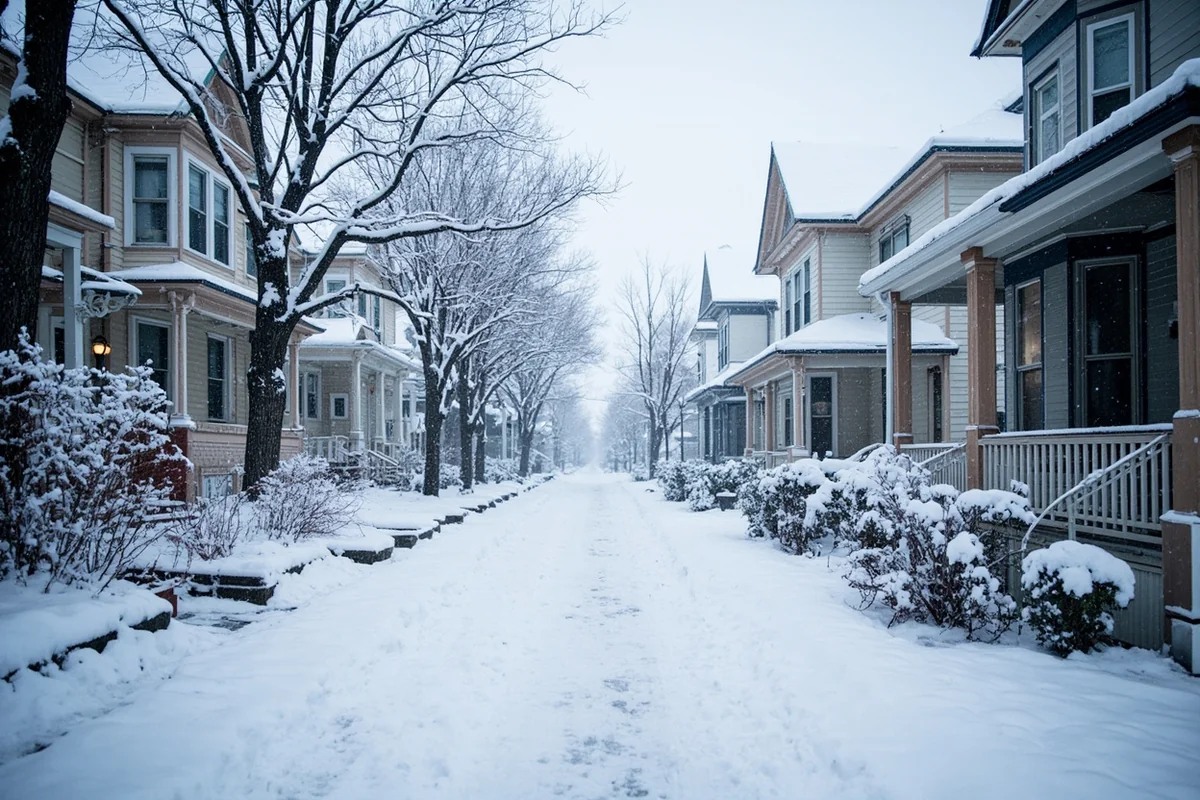 Snow-covered residential street in Helena Montana with Victorian-style homes