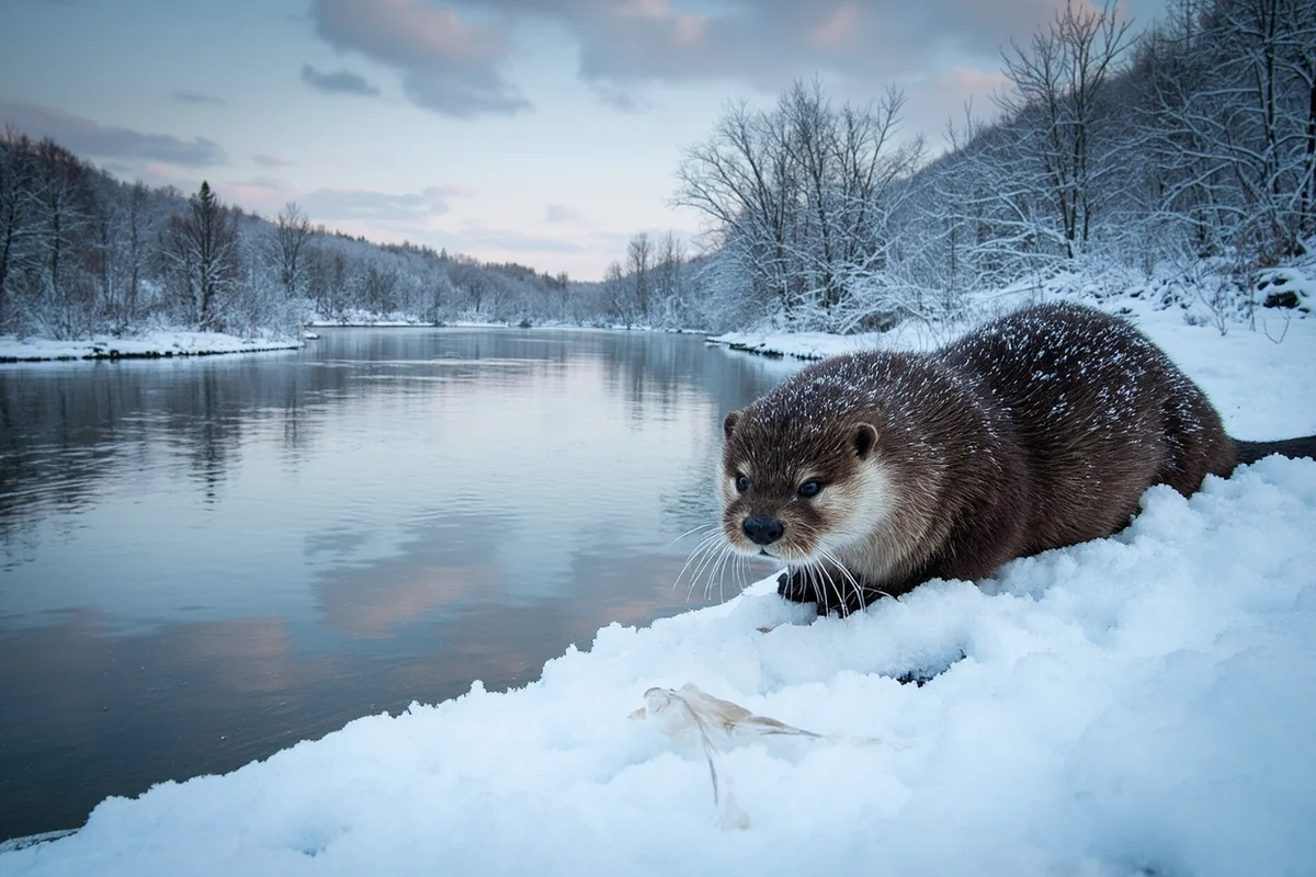 Snow-covered riverbank with open water and potential otter habitat in winter