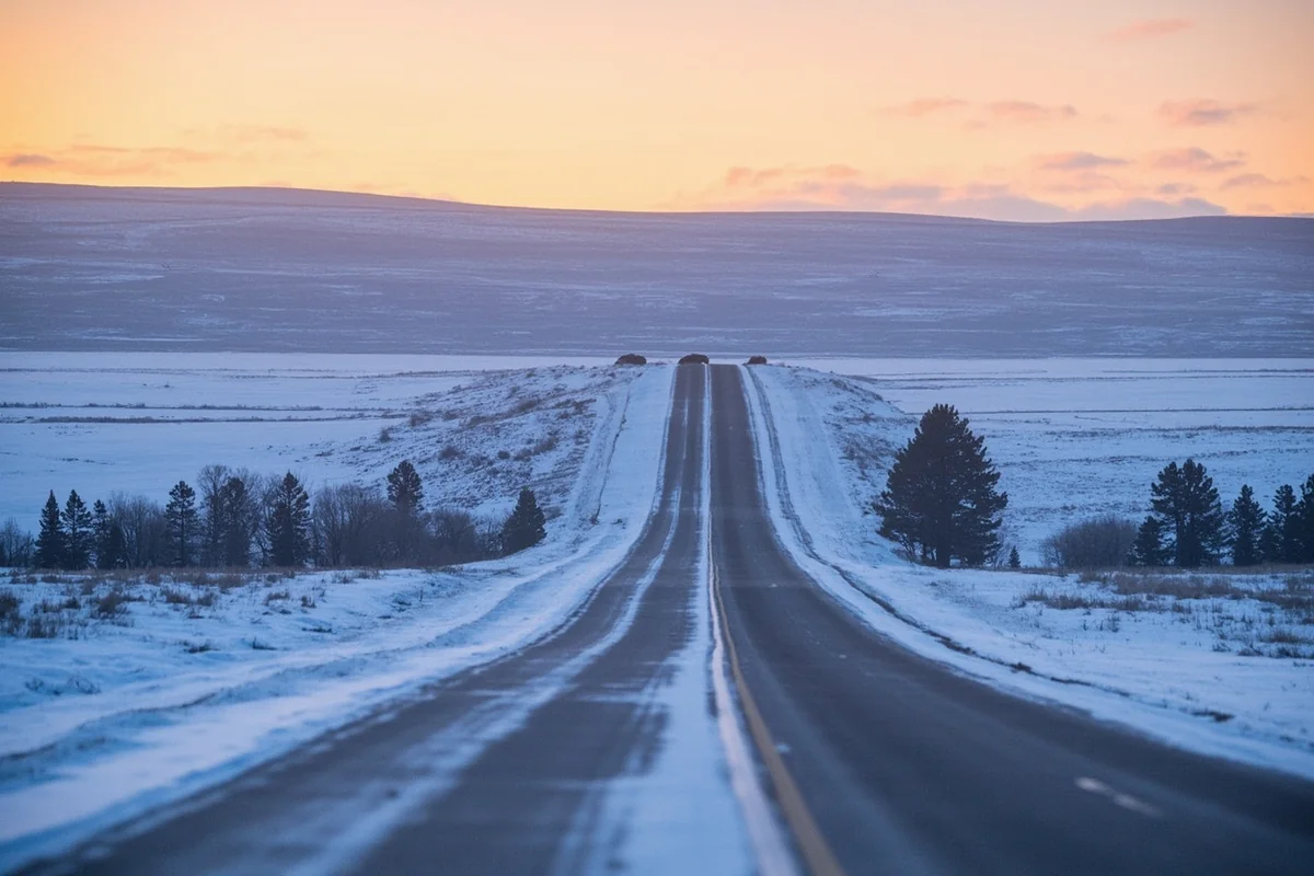 Snow-covered road through Lamar Valley at dawn with bison visible in distance