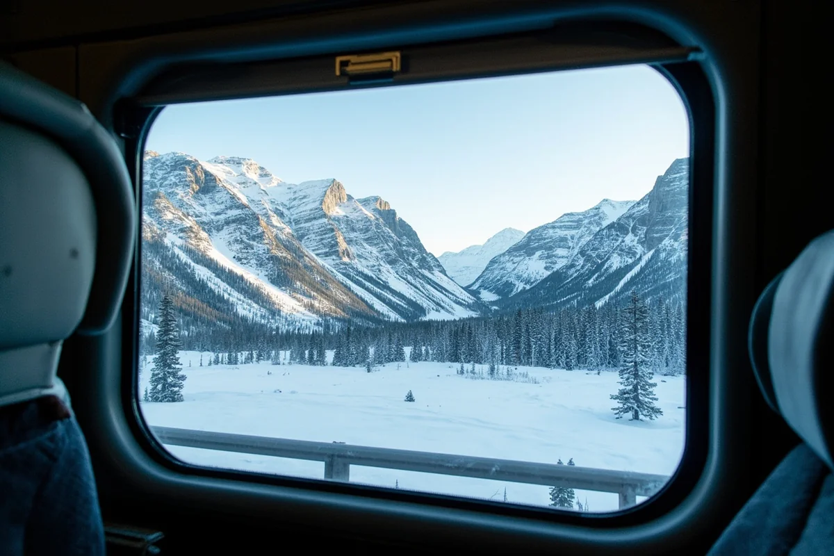 Snow-covered Rocky Mountain landscape viewed from train window in winter