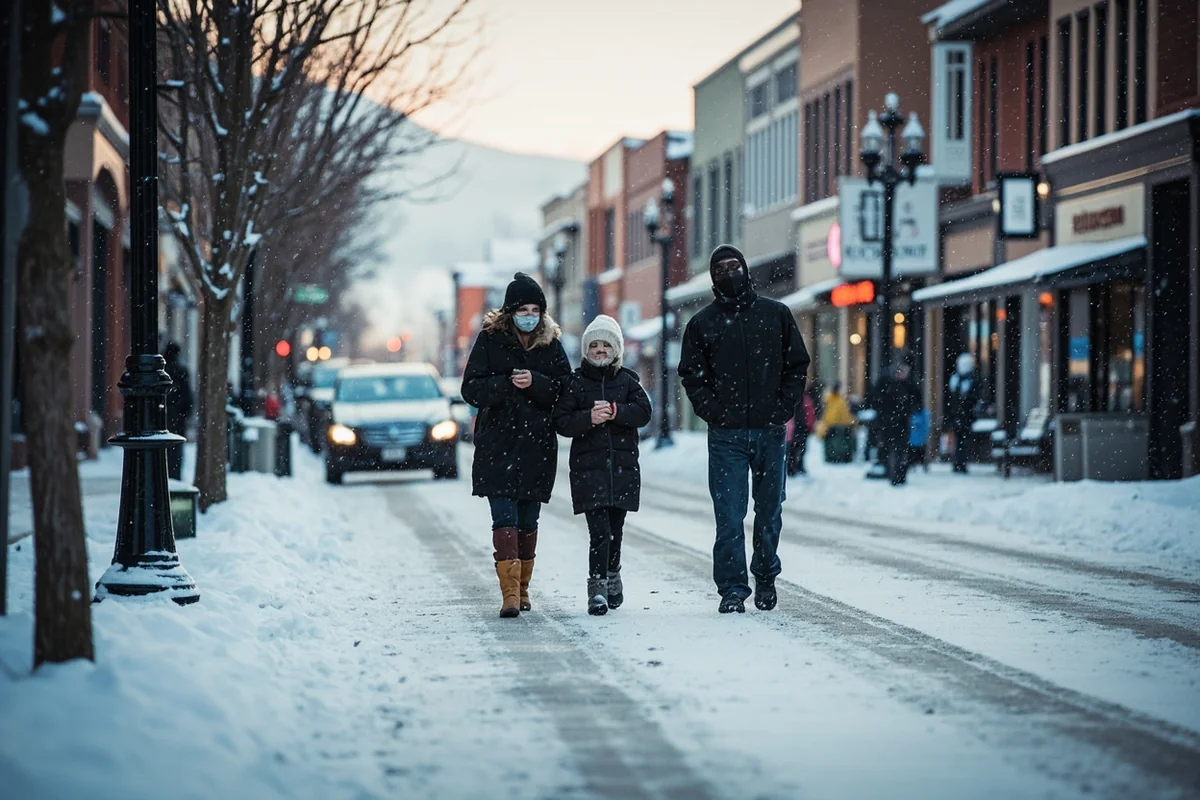 Snow-covered street in downtown Bozeman with pedestrians wearing winter boots