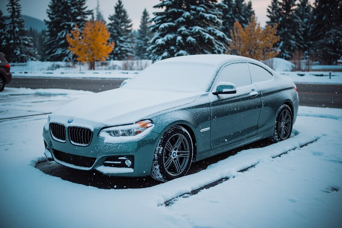 Snow-dusted car in Whitefish parking lot with fall foliage visible