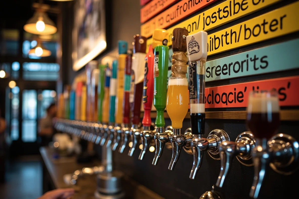 Snow Hop Brewery's colorful tap list board showing experimental beer varieties
