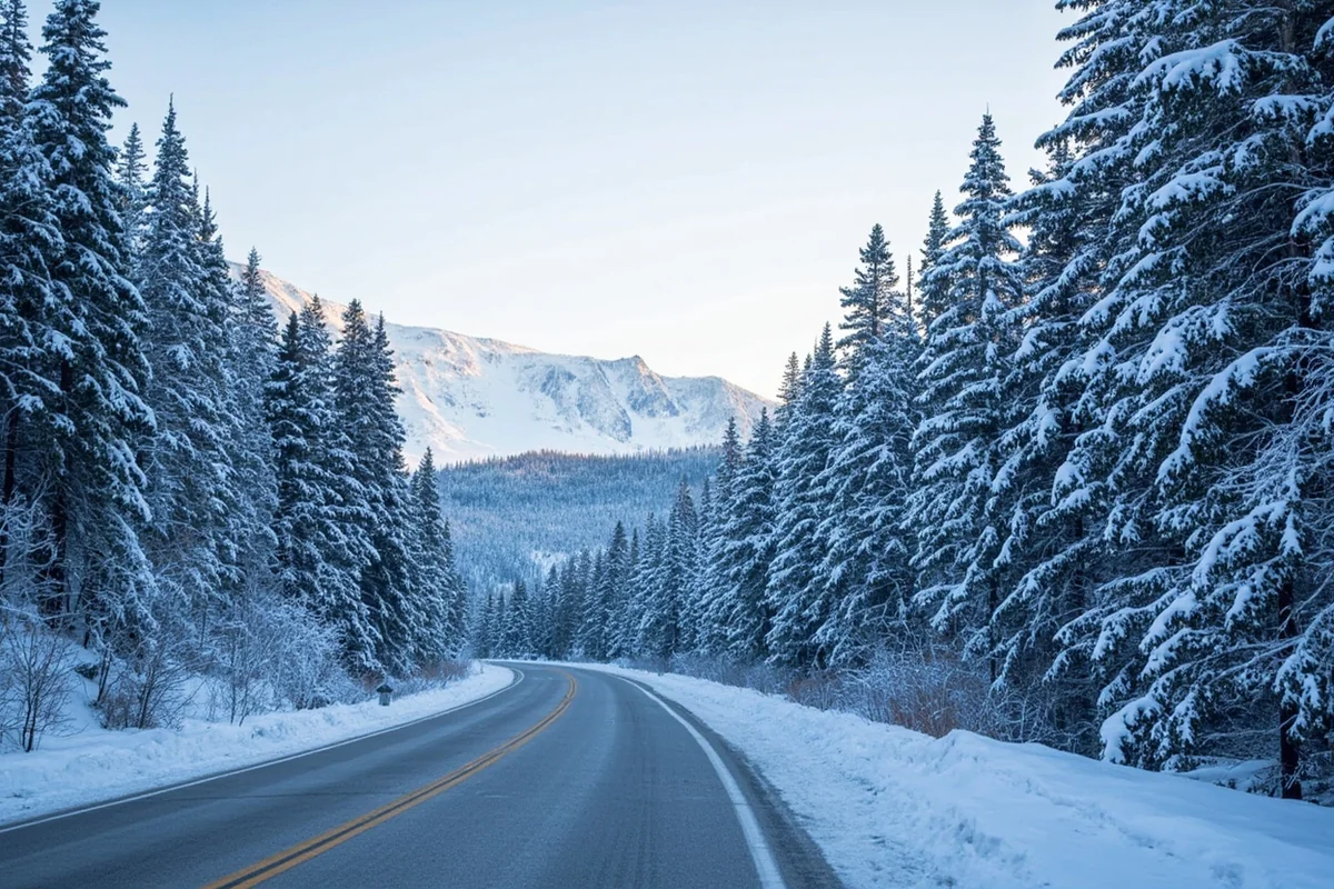 Snow-laden trees along Marias Pass with Highway 2 visible