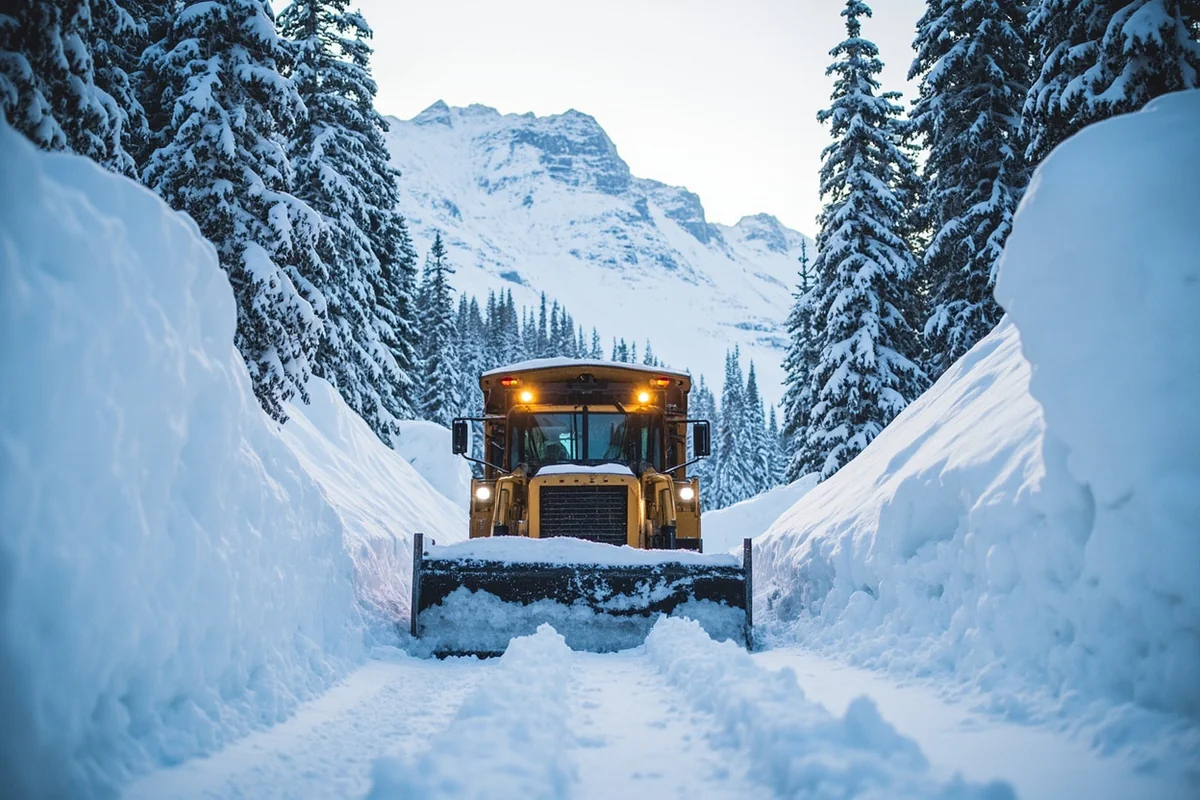 Snow plow clearing Going-to-the-Sun Road in Glacier National Park with massive snow walls on either side