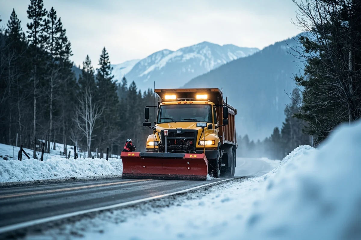 Snow plow working on mountain road in late spring, demonstrating why seasonal closures exist