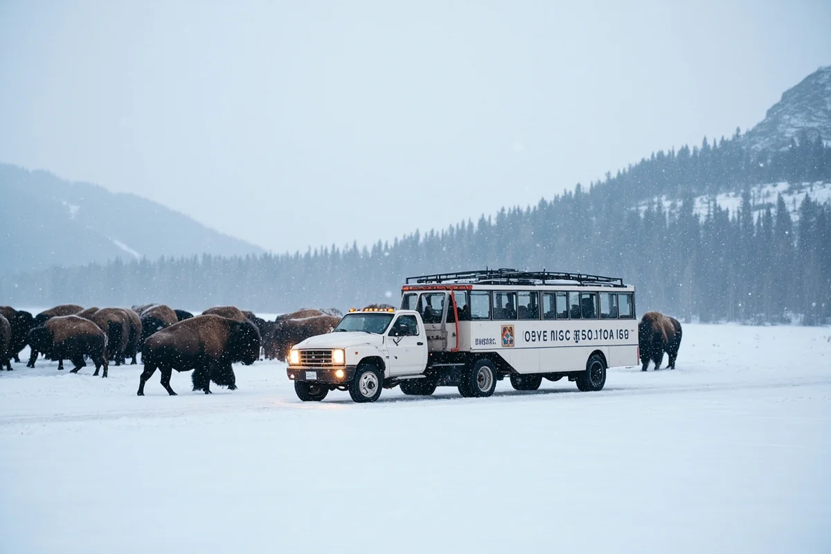 Snowcoach vehicle stopped in winter Yellowstone with bison herd in snowy meadow