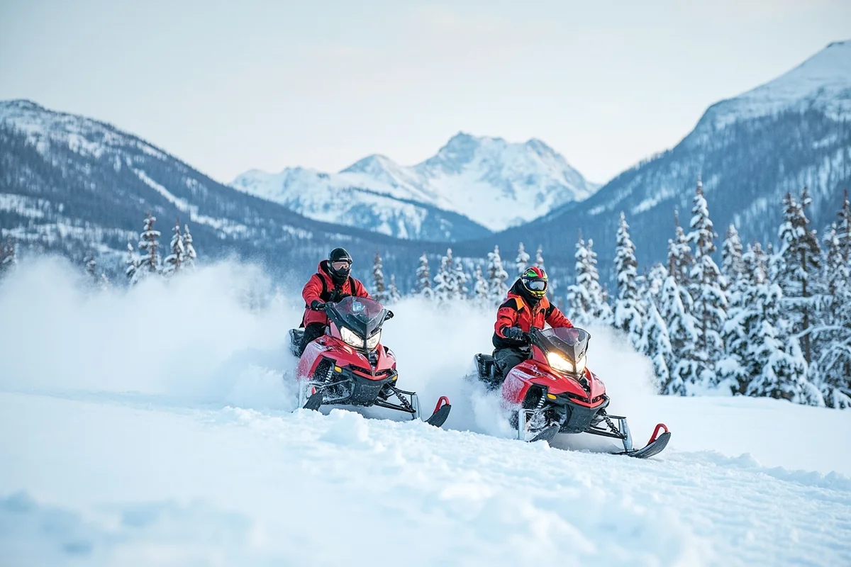 Snowmobilers riding through deep powder near Cooke City with mountain peaks