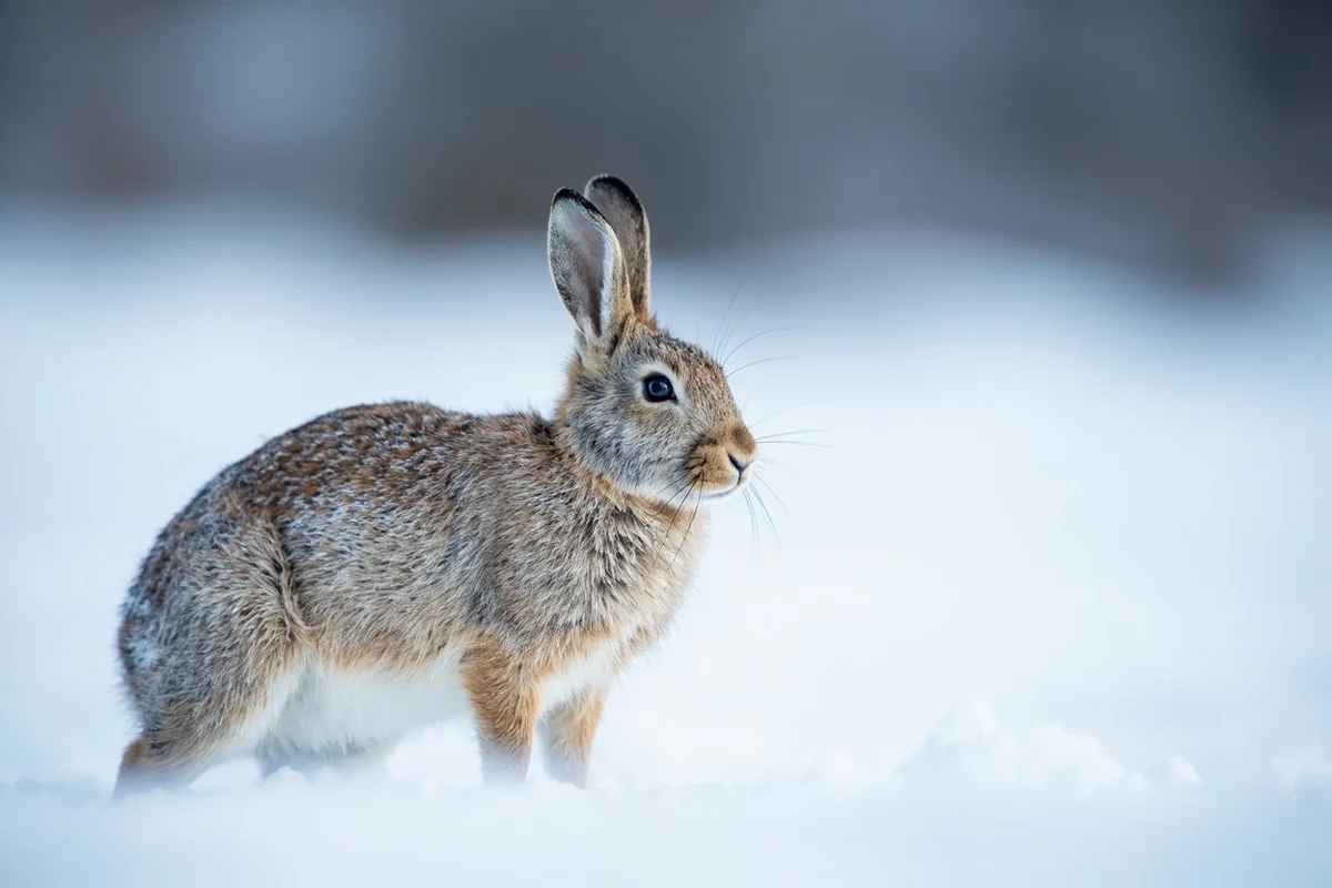 Snowshoe hare in winter coat, the primary prey species for Canada lynx