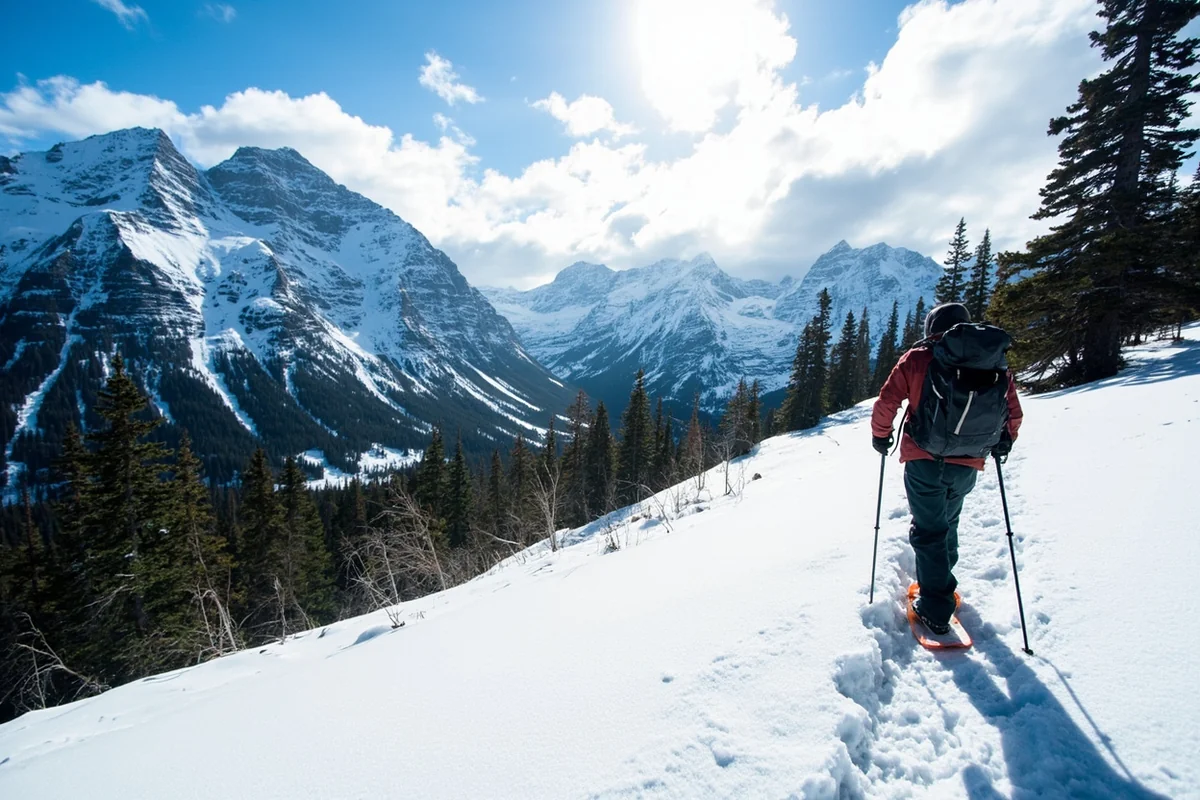 Snowshoer on a winter trail with snow-covered peaks and evergreen trees in Glacier National Park