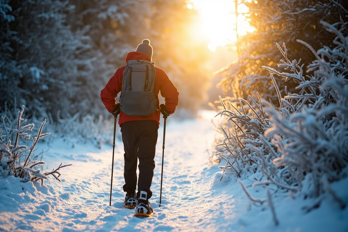 Snowshoer on trail through frosted forest, early morning light