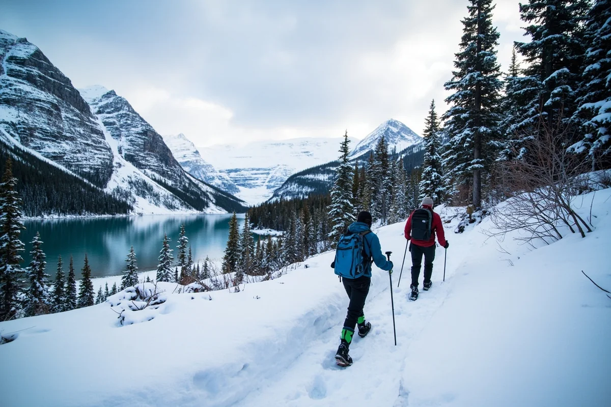 Snowshoers on a trail near Lake McDonald in Glacier National Park