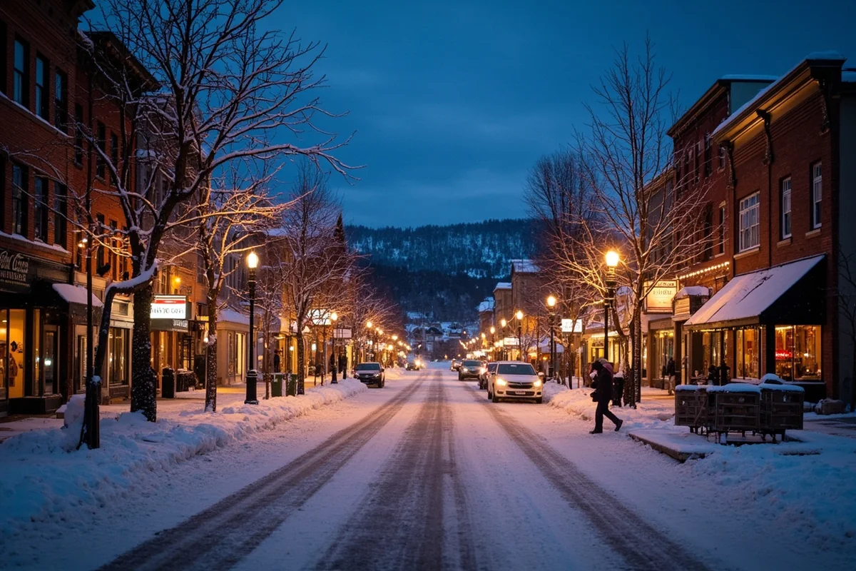 Snowy downtown Whitefish street scene at dusk with warm lights glowing from shops and restaurants