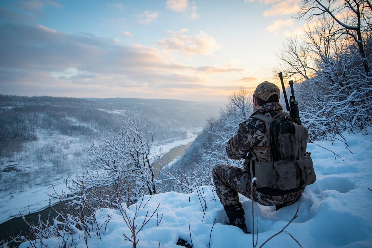 Snowy November morning hunt setup overlooking Montana river bottom